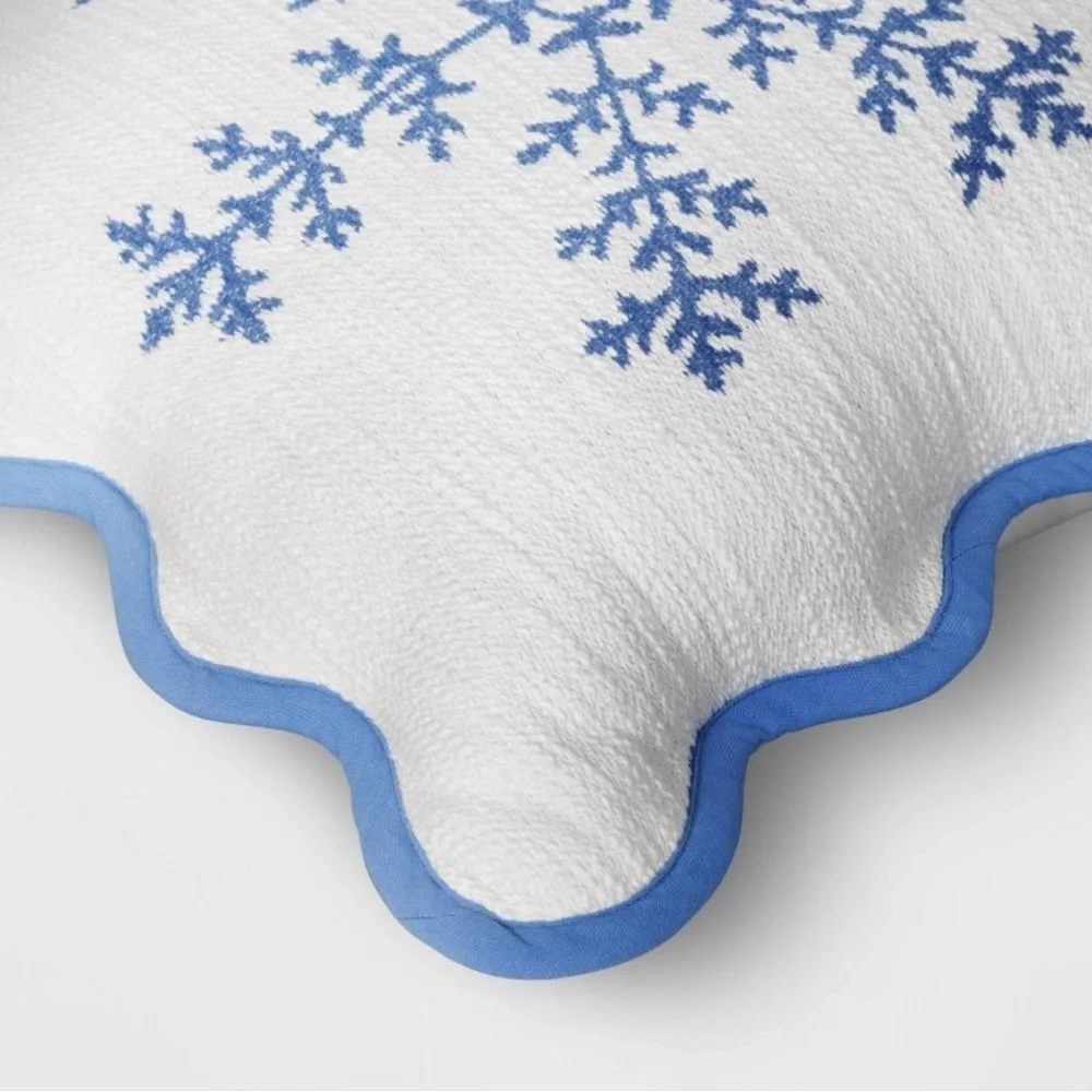 Woven Snowflake Square Throw Pillow with Scalloped Trim Blue/Ivory